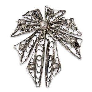 Vintage Fine Silver Cannetille Bow Brooch Pin Intricate Filigree Openwork Estate